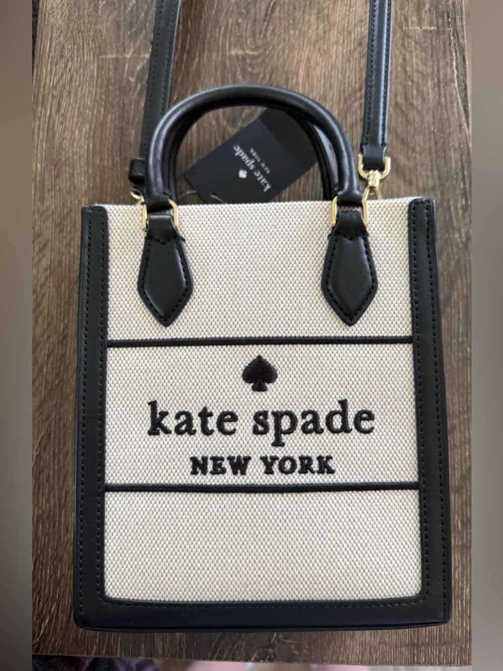 NWT Kate Spade Mini Ellie Tote Black Leather with Tan Straw Canvas - Picture 3 of 11